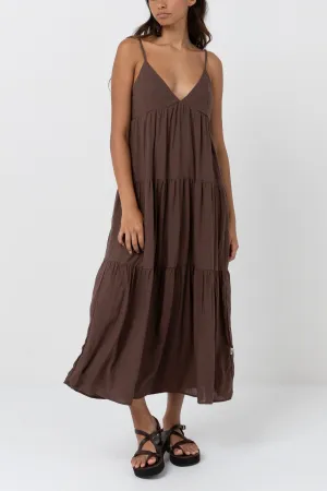CLASSIC TIERED MIDI DRESS - CHOCOLATE