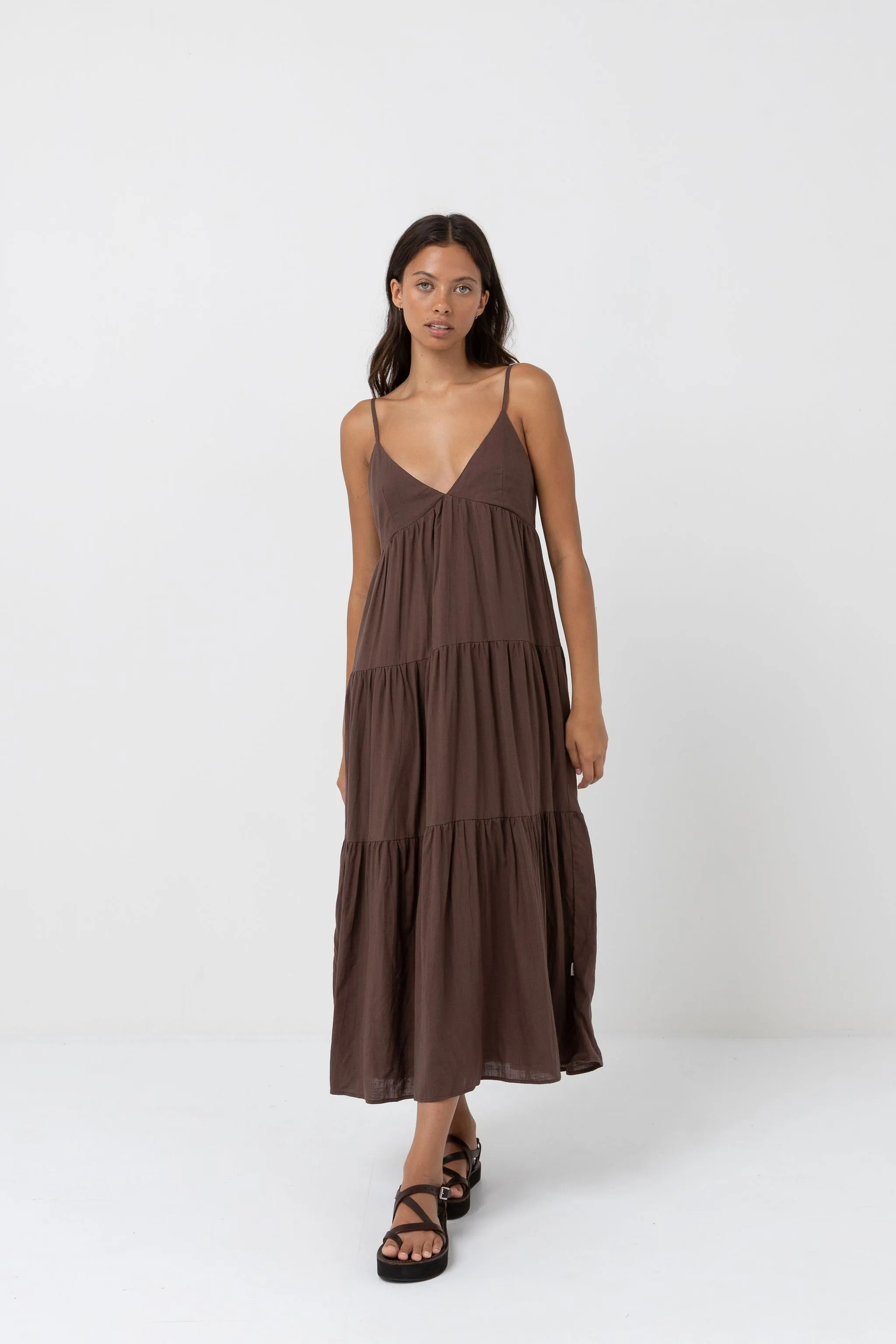 CLASSIC TIERED MIDI DRESS - CHOCOLATE