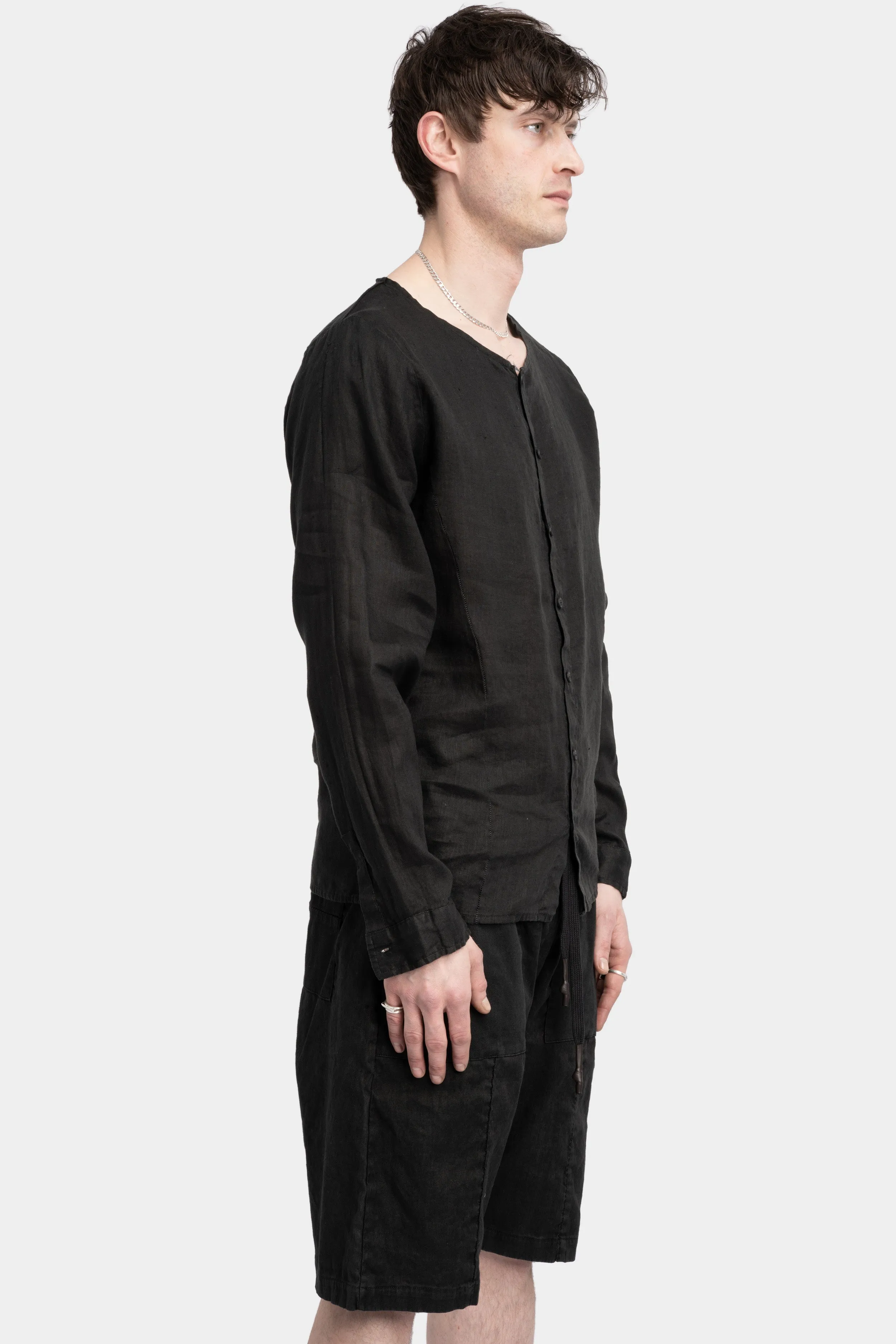 Collarless linen shirt, Black