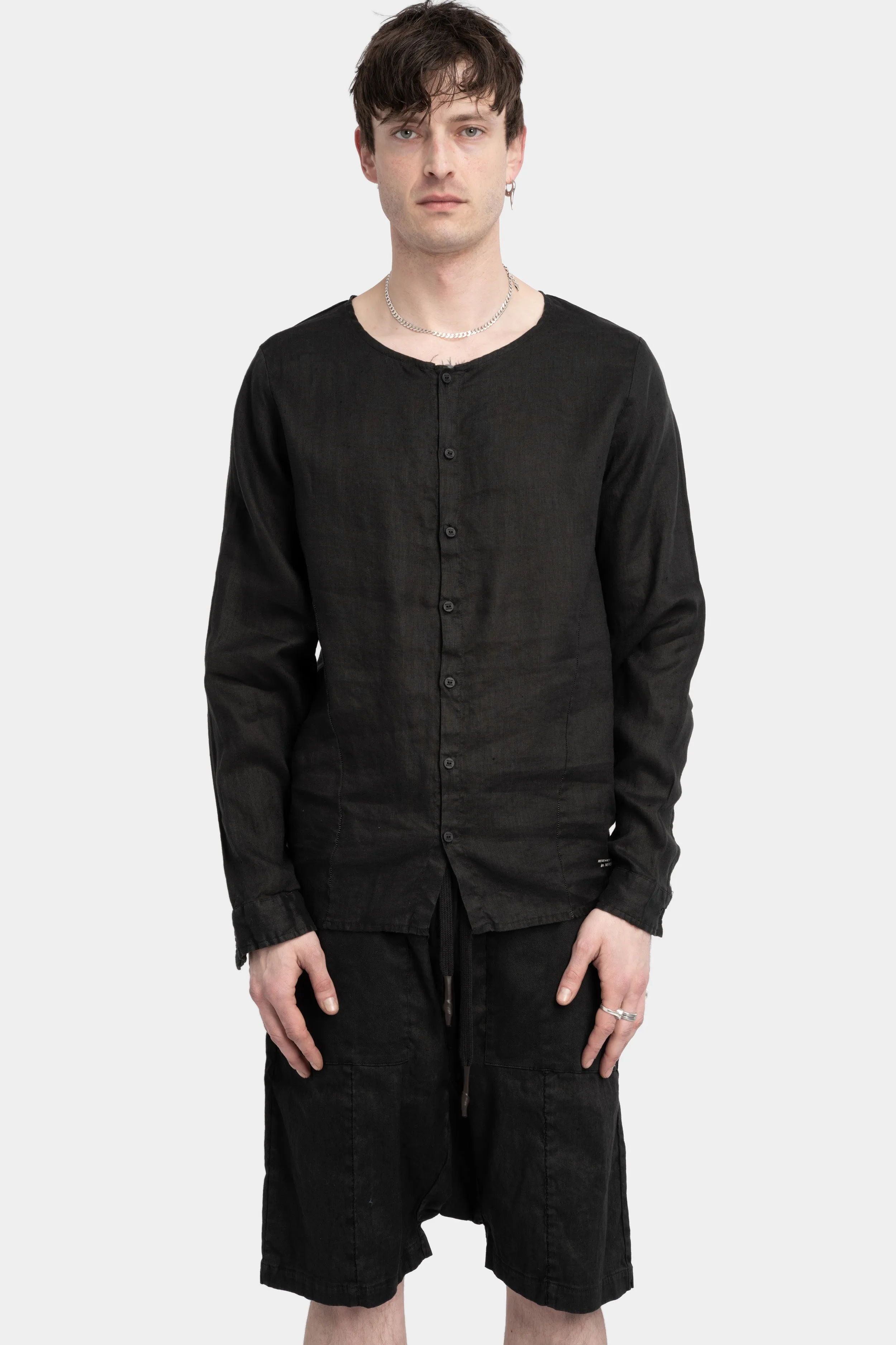 Collarless linen shirt, Black