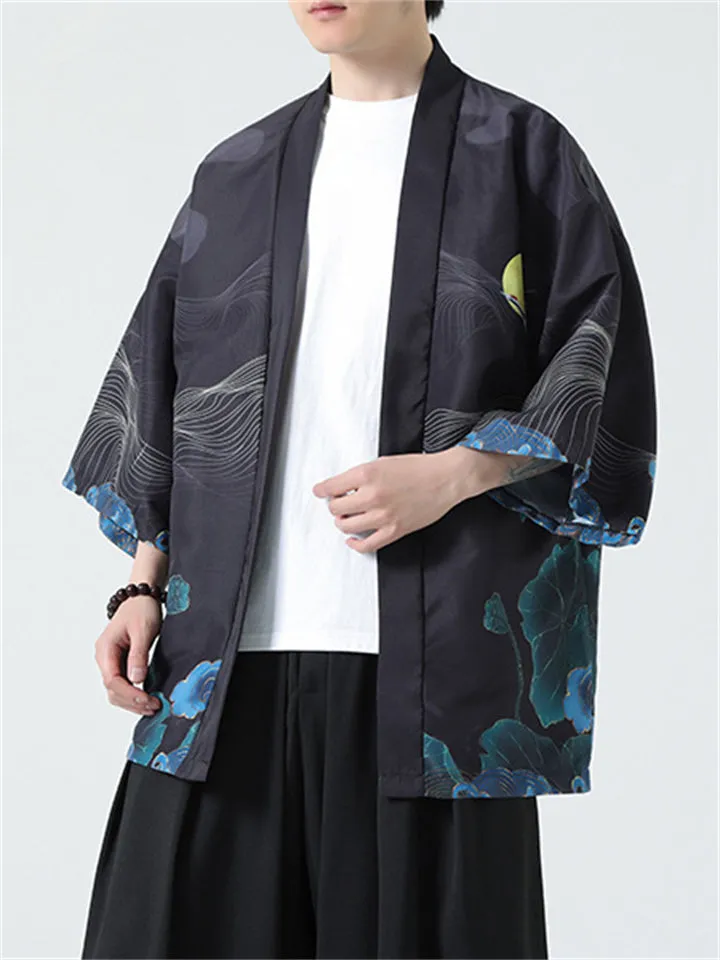 Crane Loong Lotus Print Male Traditional Chinese Shirt