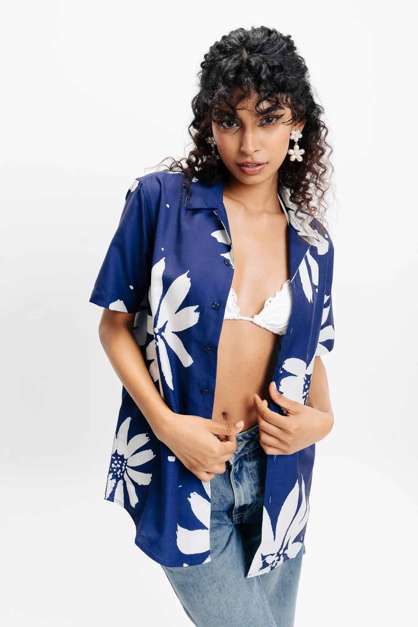Cut Out Floral Linen Shirt