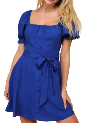 Darling Impulse Cobalt Blue Linen Button-Front Skater Mini Dress