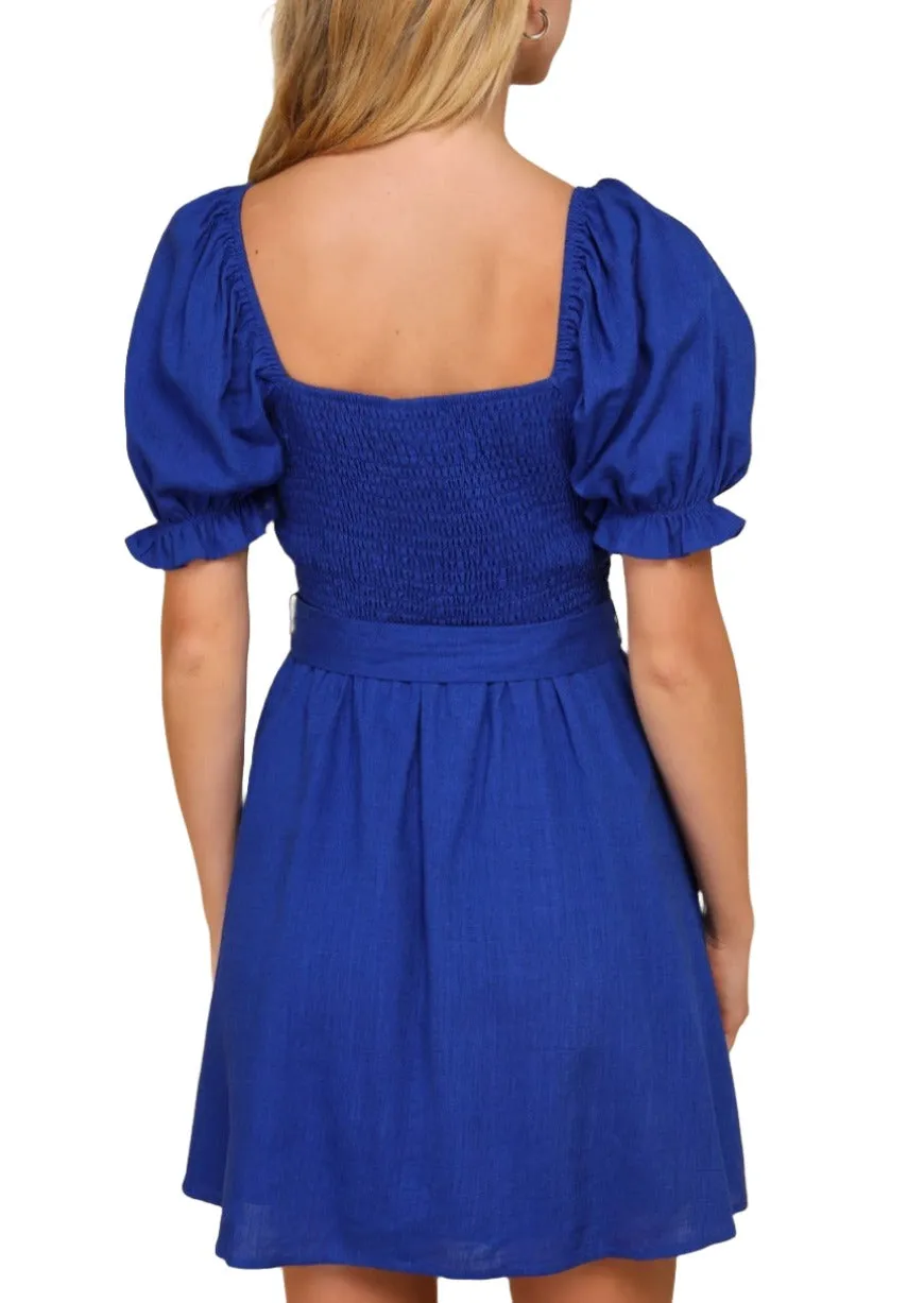Darling Impulse Cobalt Blue Linen Button-Front Skater Mini Dress