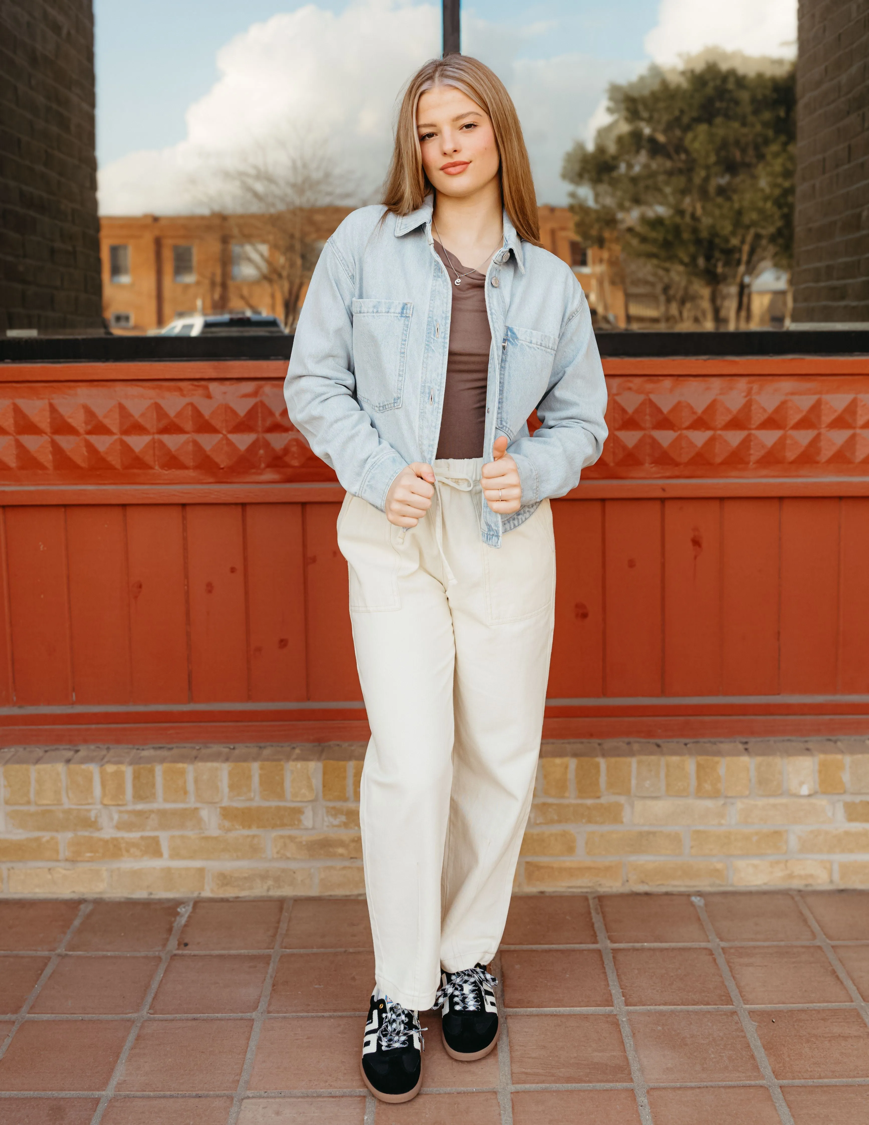 Ecru Drawstring Baggy Denim Pants WL24-9606