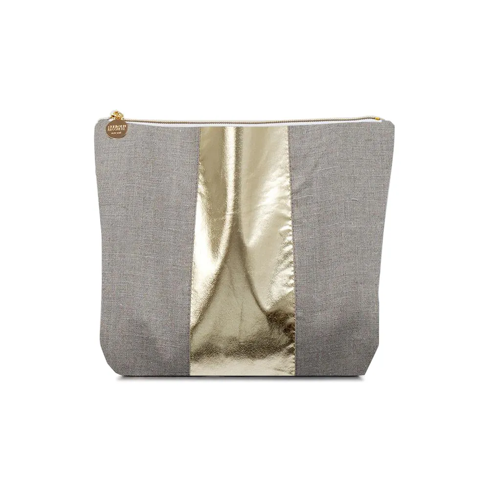 Flax & Metallic Faux Leather Racing Stripe Cosmetic Bag