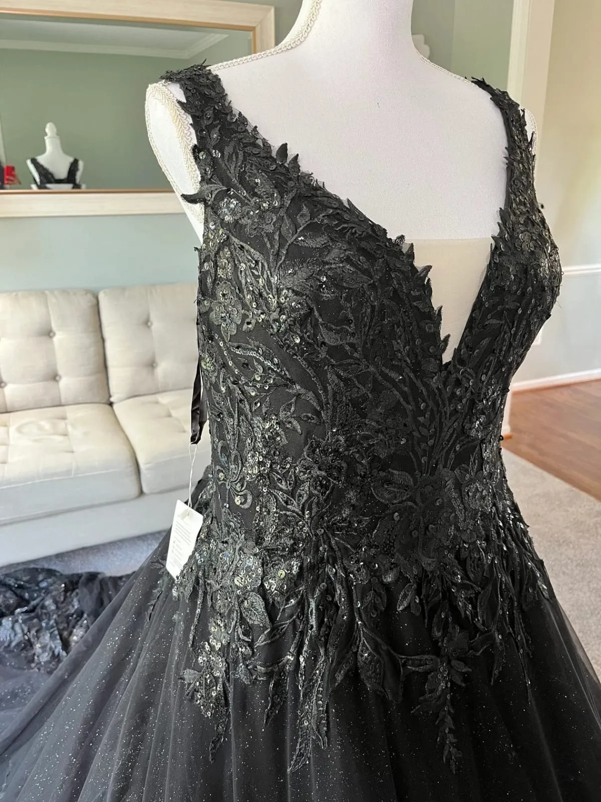 Glitter Embroidered Lace A-line Cathedral Gothic Black Wedding Dress