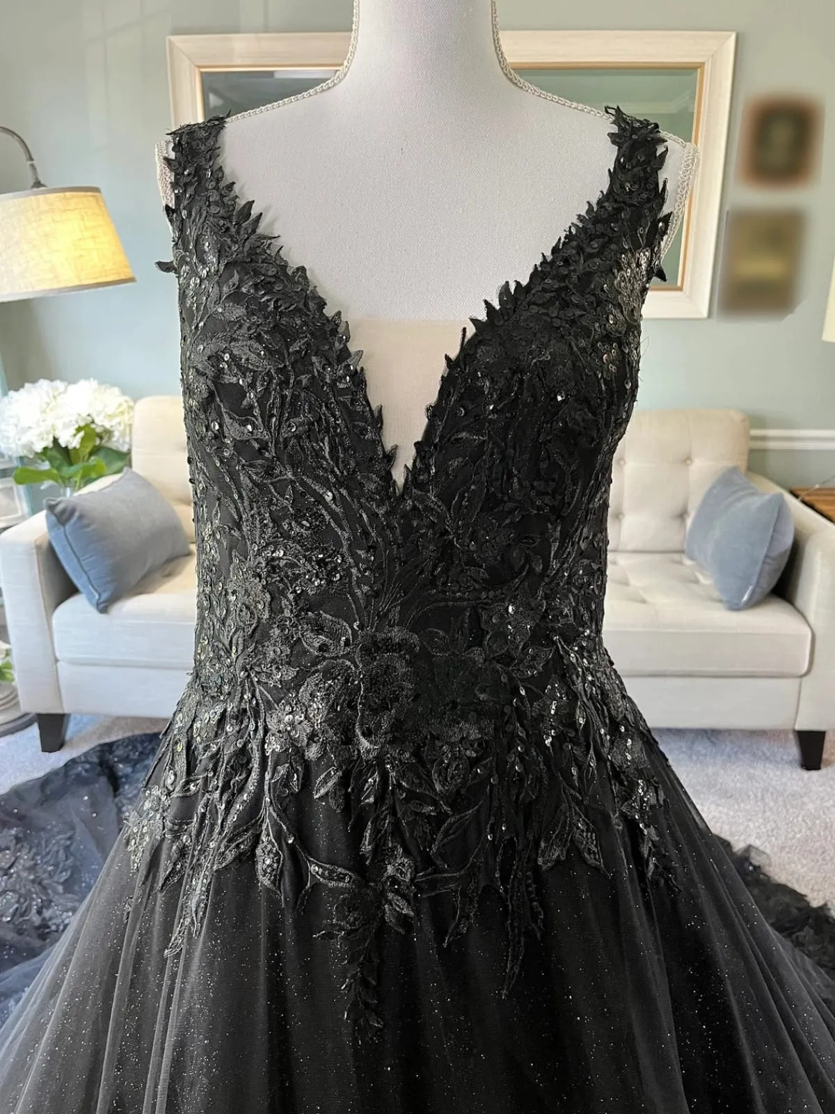 Glitter Embroidered Lace A-line Cathedral Gothic Black Wedding Dress