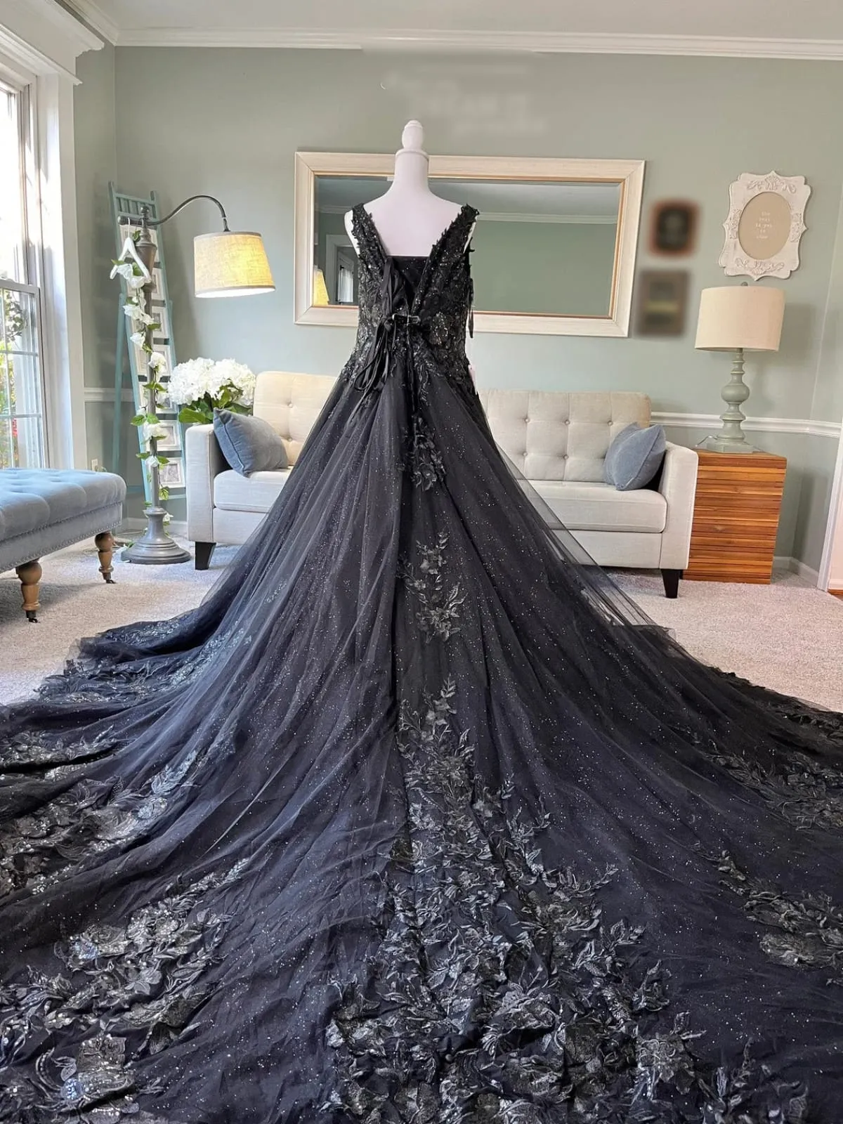 Glitter Embroidered Lace A-line Cathedral Gothic Black Wedding Dress