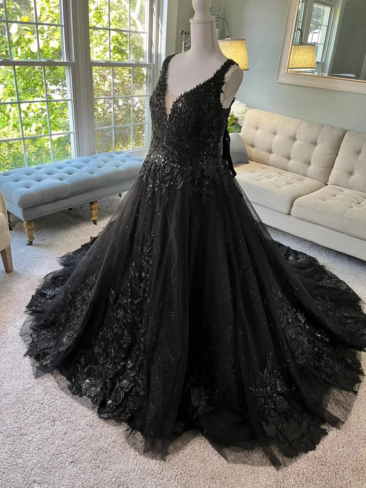 Glitter Embroidered Lace A-line Cathedral Gothic Black Wedding Dress
