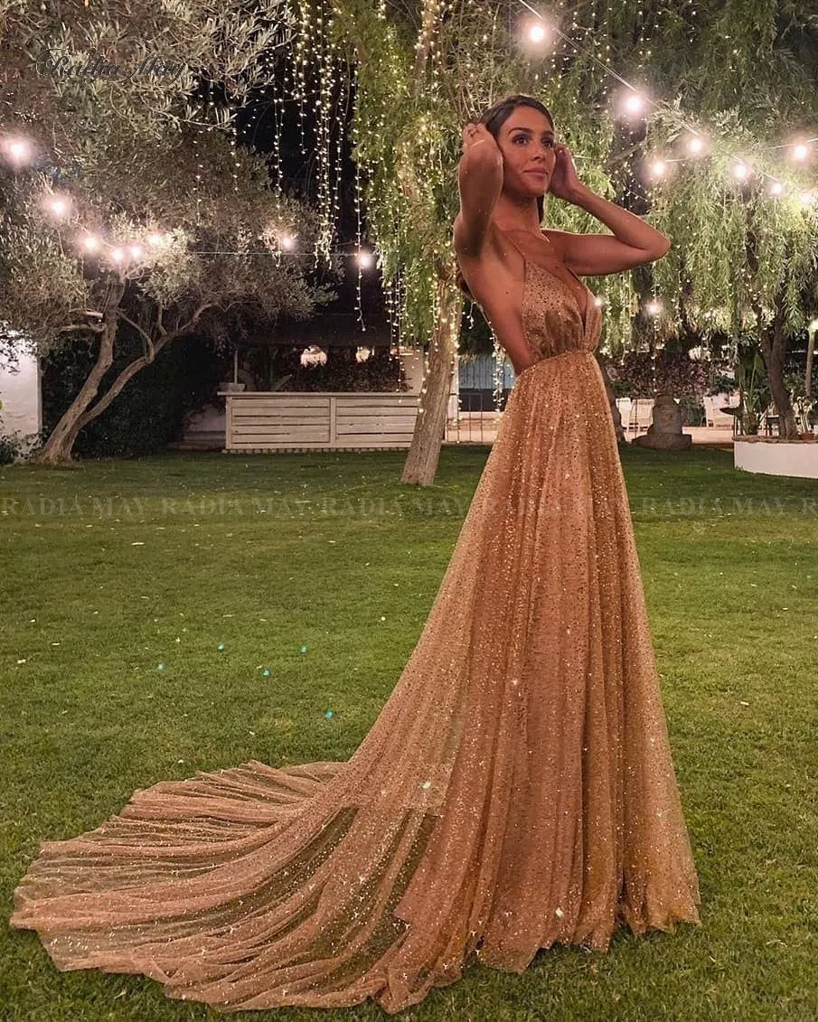 Glitter Sequin Rose Gold Long Prom Dresses Sexy Spaghetti Straps Backless Arabic Evening Gowns Women Formal Party Dress