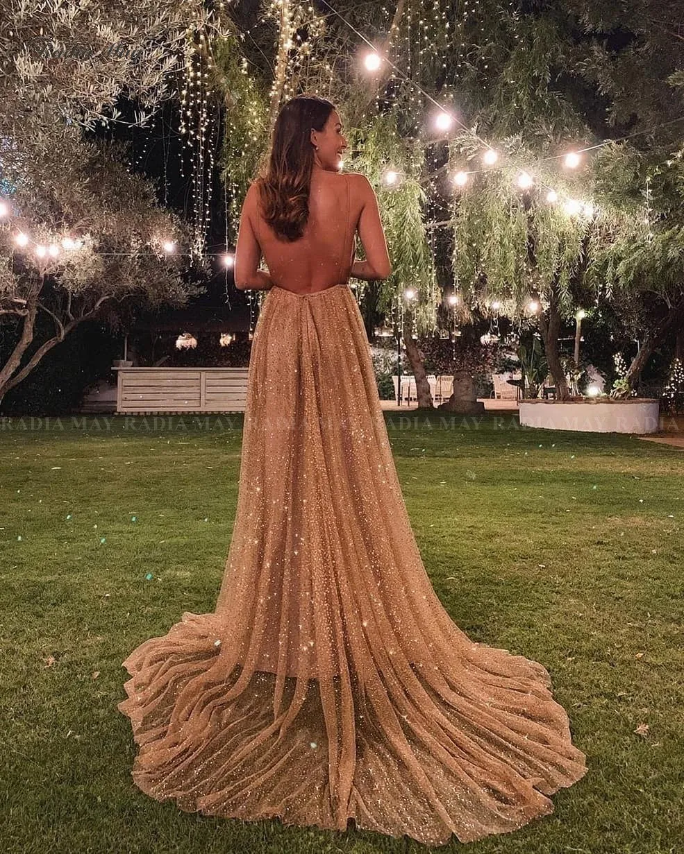 Glitter Sequin Rose Gold Long Prom Dresses Sexy Spaghetti Straps Backless Arabic Evening Gowns Women Formal Party Dress