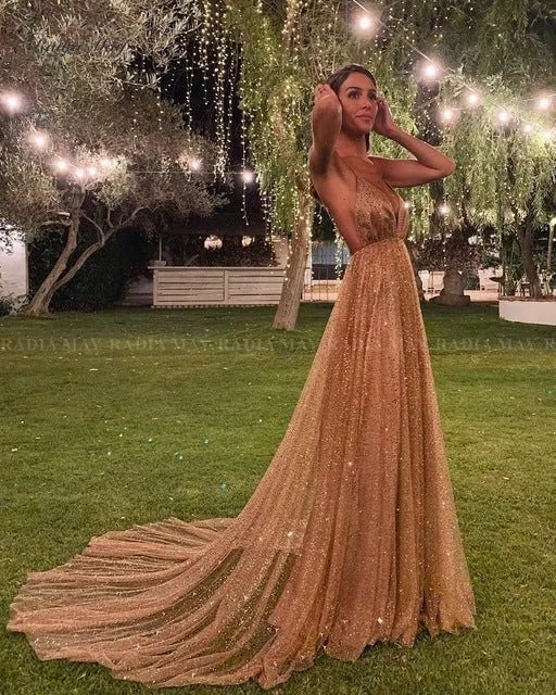 Glitter Sequin Rose Gold Long Prom Dresses Sexy Spaghetti Straps Backless Arabic Evening Gowns Women Formal Party Dress