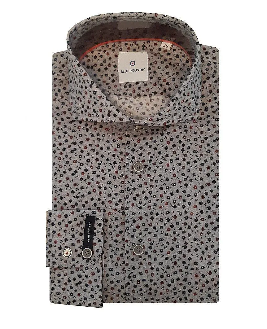 Grey Navy Flower Print Shirt