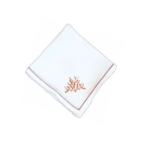 Hand Embroidered Coral Branch Coral Embroidered with Coral Hemstitch Trim Napkin, Set of 4
