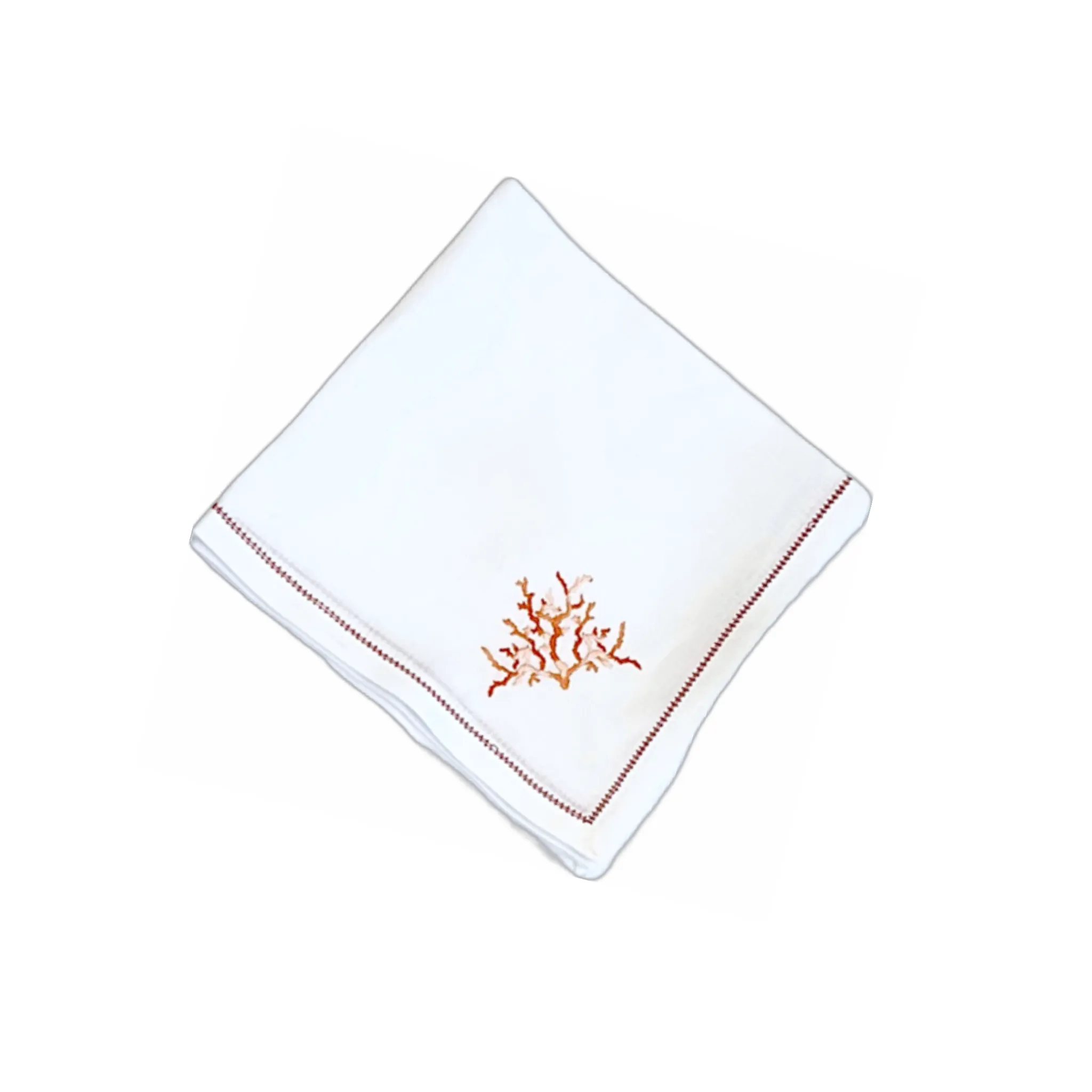 Hand Embroidered Coral Branch Coral Embroidered with Coral Hemstitch Trim Napkin, Set of 4