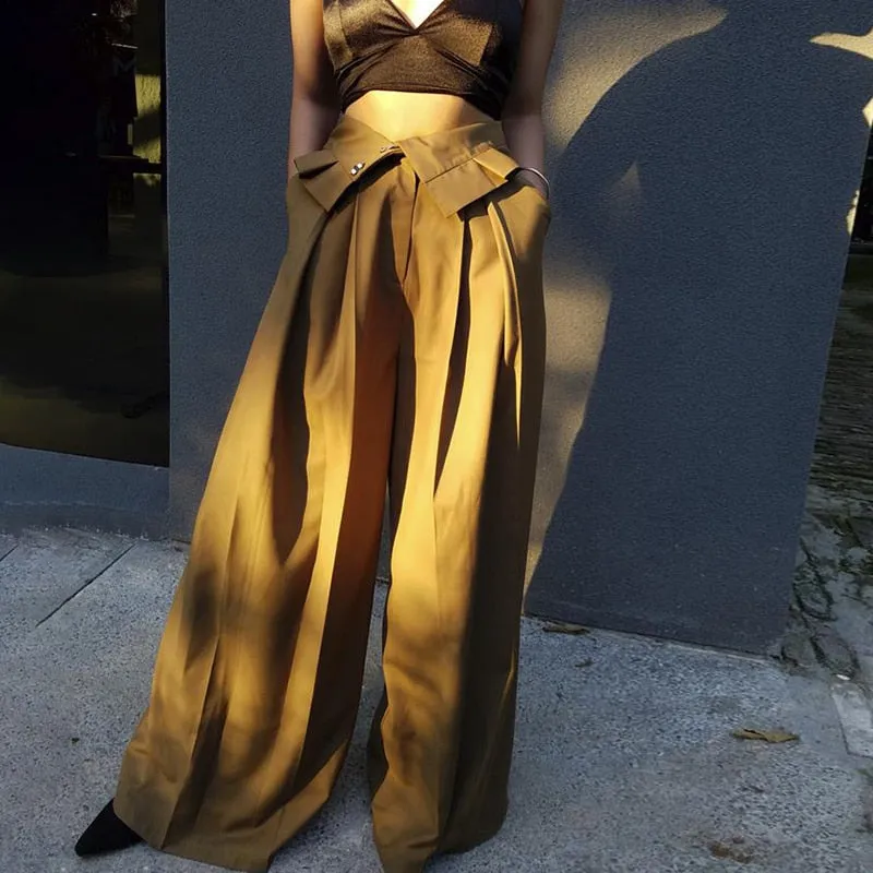 High Waist Pleated Ruffled Palazzo Trousers