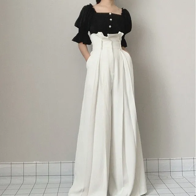 High Waist Pleated Ruffled Palazzo Trousers