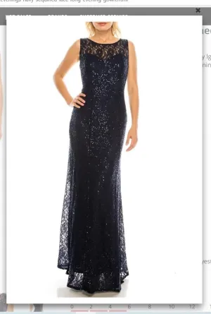 Ignite  Evenings 3802R  Navy Sequined Lace Long Evening Gown