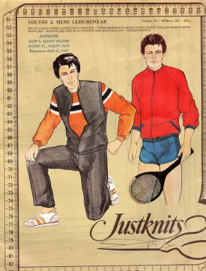 Justknits Youths Mens Leisurewear Tracksuit Jogging Suit Shorts & Jacket 1980s Vintage Sewing Pattern Size S - XXL UNCUT Factory Folded