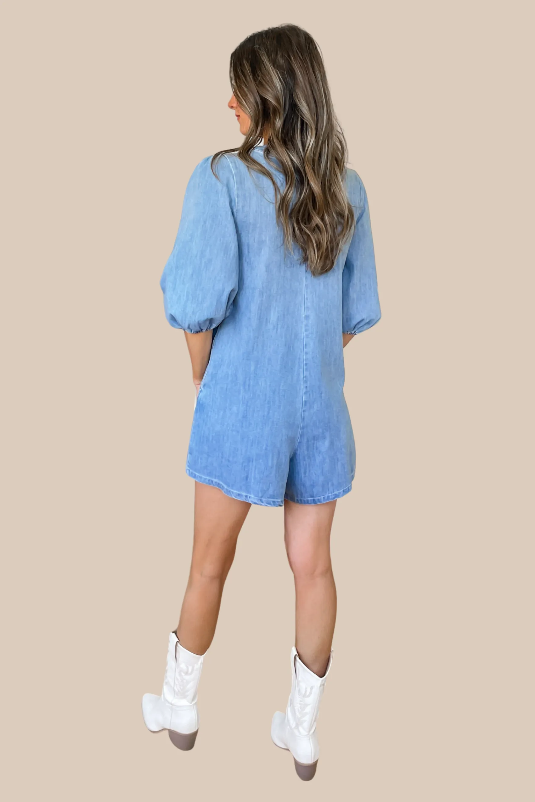Kelsea Pleated Tie Front Denim Romper
