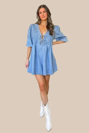 Kelsea Pleated Tie Front Denim Romper