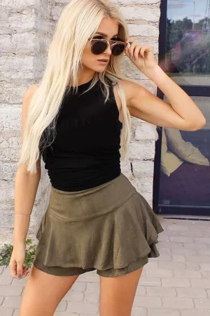 Khaki Suedette Frill High Waisted Shorts - Claudelle