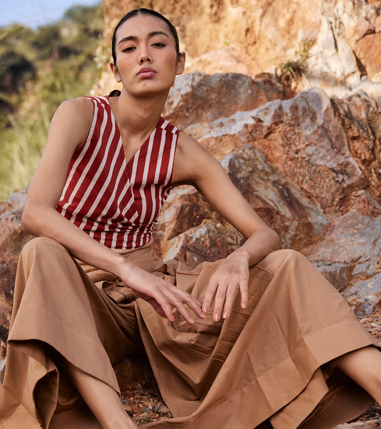 Khara Kapas Lost In Chase Pleated Trouser 100% Cotton  Khaki Brown KW692