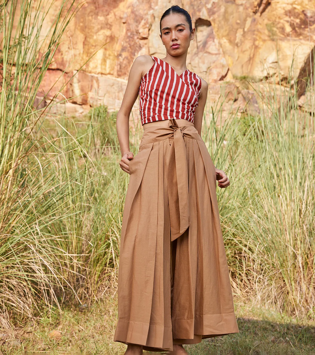 Khara Kapas Lost In Chase Pleated Trouser 100% Cotton  Khaki Brown KW692