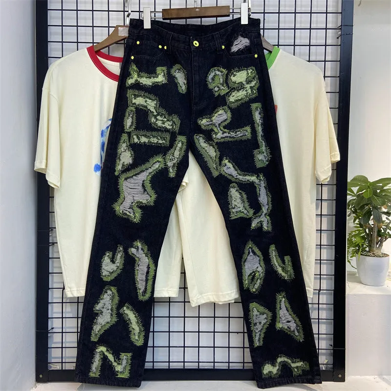 Letter Embroidery Jeans for Men High Street Gothic Style Streetwear Men Straight Baggy Causal Denim Trousers Unisex Spring