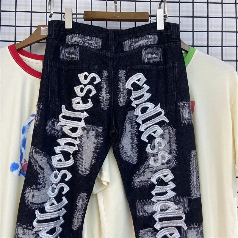 Letter Embroidery Jeans for Men High Street Gothic Style Streetwear Men Straight Baggy Causal Denim Trousers Unisex Spring