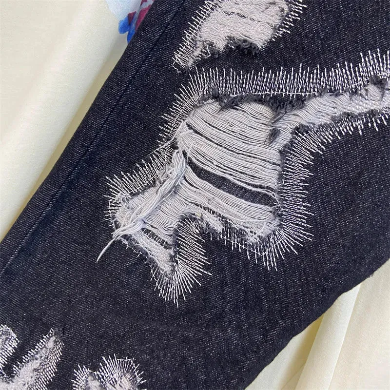 Letter Embroidery Jeans for Men High Street Gothic Style Streetwear Men Straight Baggy Causal Denim Trousers Unisex Spring