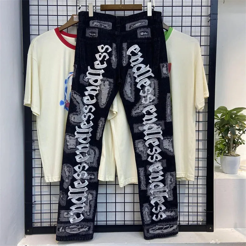 Letter Embroidery Jeans for Men High Street Gothic Style Streetwear Men Straight Baggy Causal Denim Trousers Unisex Spring