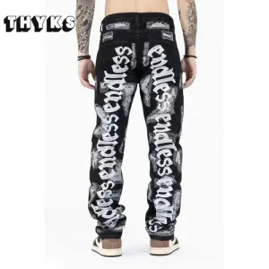 Letter Embroidery Jeans for Men High Street Gothic Style Streetwear Men Straight Baggy Causal Denim Trousers Unisex Spring