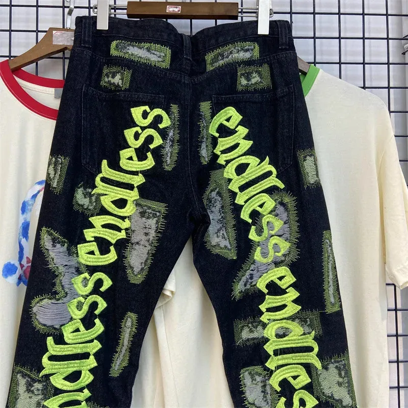 Letter Embroidery Jeans for Men High Street Gothic Style Streetwear Men Straight Baggy Causal Denim Trousers Unisex Spring