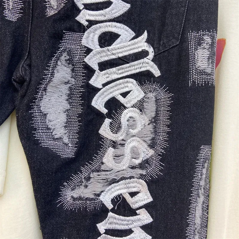 Letter Embroidery Jeans for Men High Street Gothic Style Streetwear Men Straight Baggy Causal Denim Trousers Unisex Spring