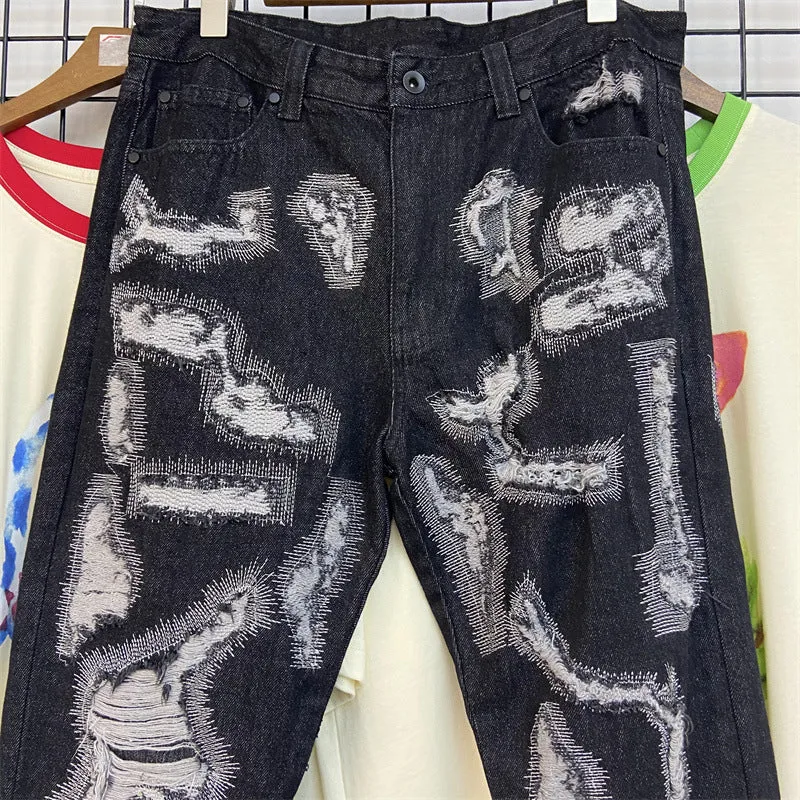 Letter Embroidery Jeans for Men High Street Gothic Style Streetwear Men Straight Baggy Causal Denim Trousers Unisex Spring