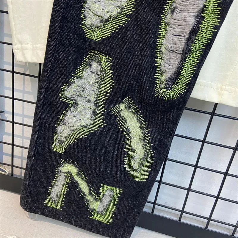 Letter Embroidery Jeans for Men High Street Gothic Style Streetwear Men Straight Baggy Causal Denim Trousers Unisex Spring