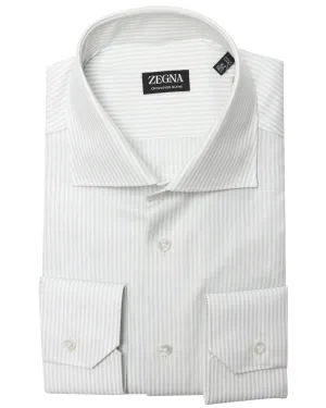 Light Green and White Striped Crossover Blend Dress Shirt