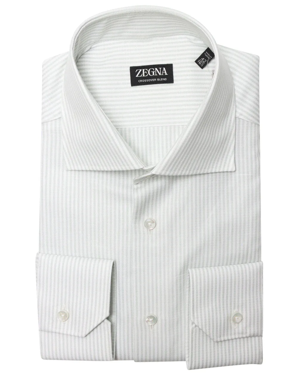 Light Green and White Striped Crossover Blend Dress Shirt