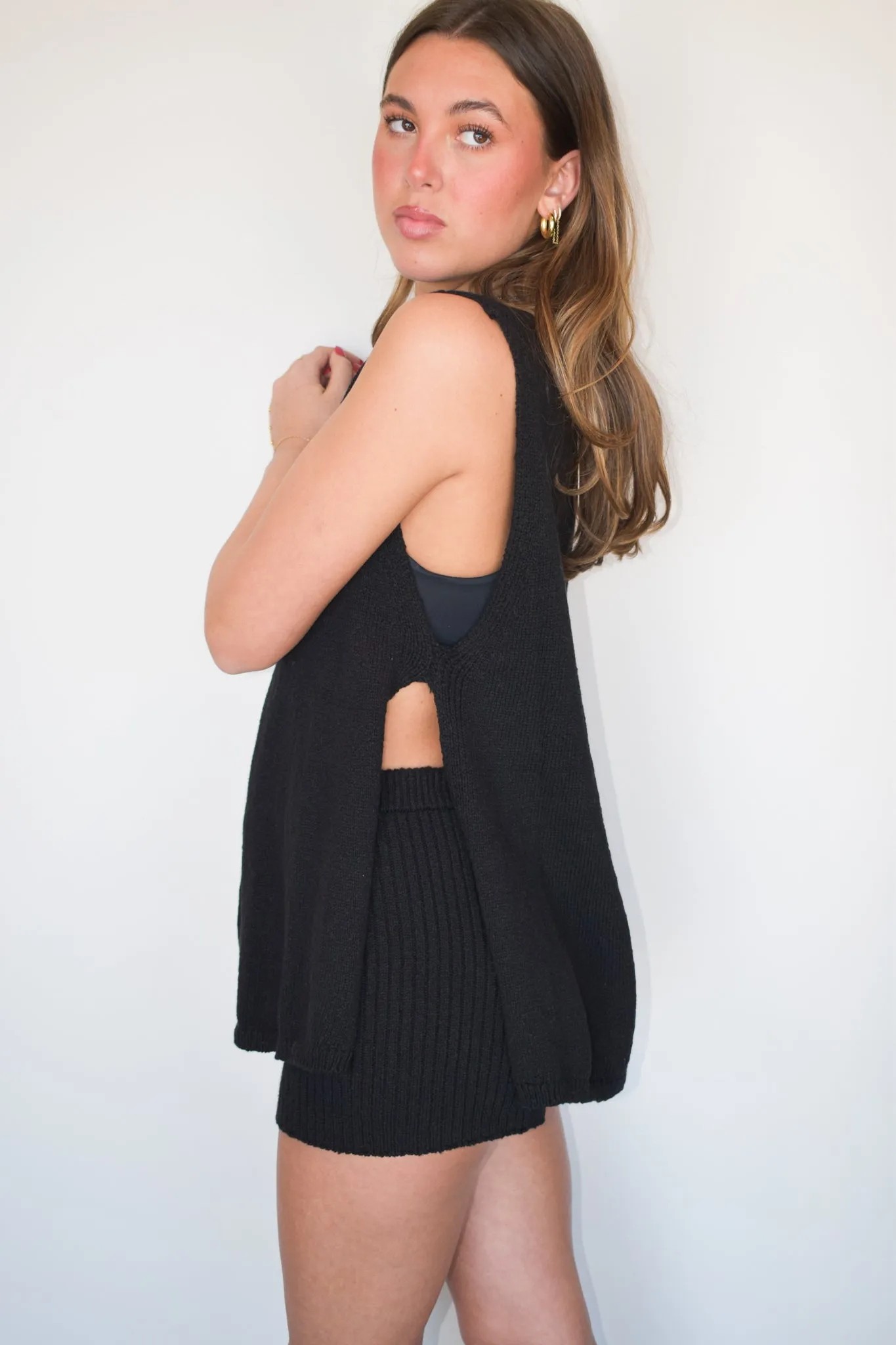 Long Line Knit Biker Shorts- Black