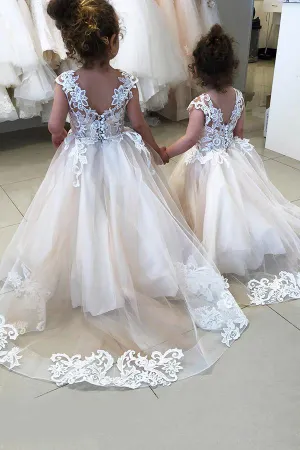 Long Tulle Sleeveless Flower Girls Party Dresses With Lace Appliques