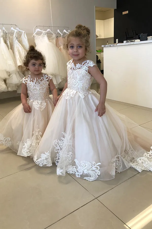 Long Tulle Sleeveless Flower Girls Party Dresses With Lace Appliques