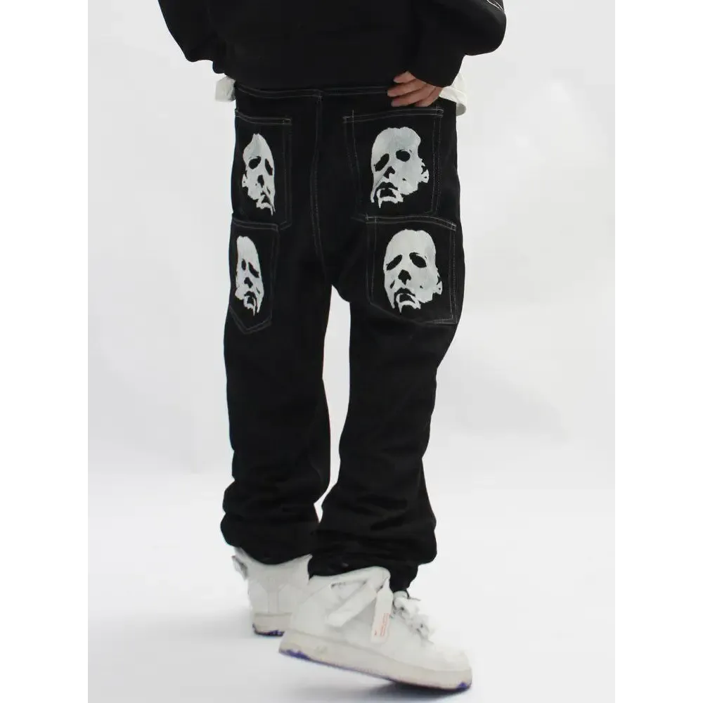 Low-Rise Jeans with Unique Michael Myers Print on Back Pockets