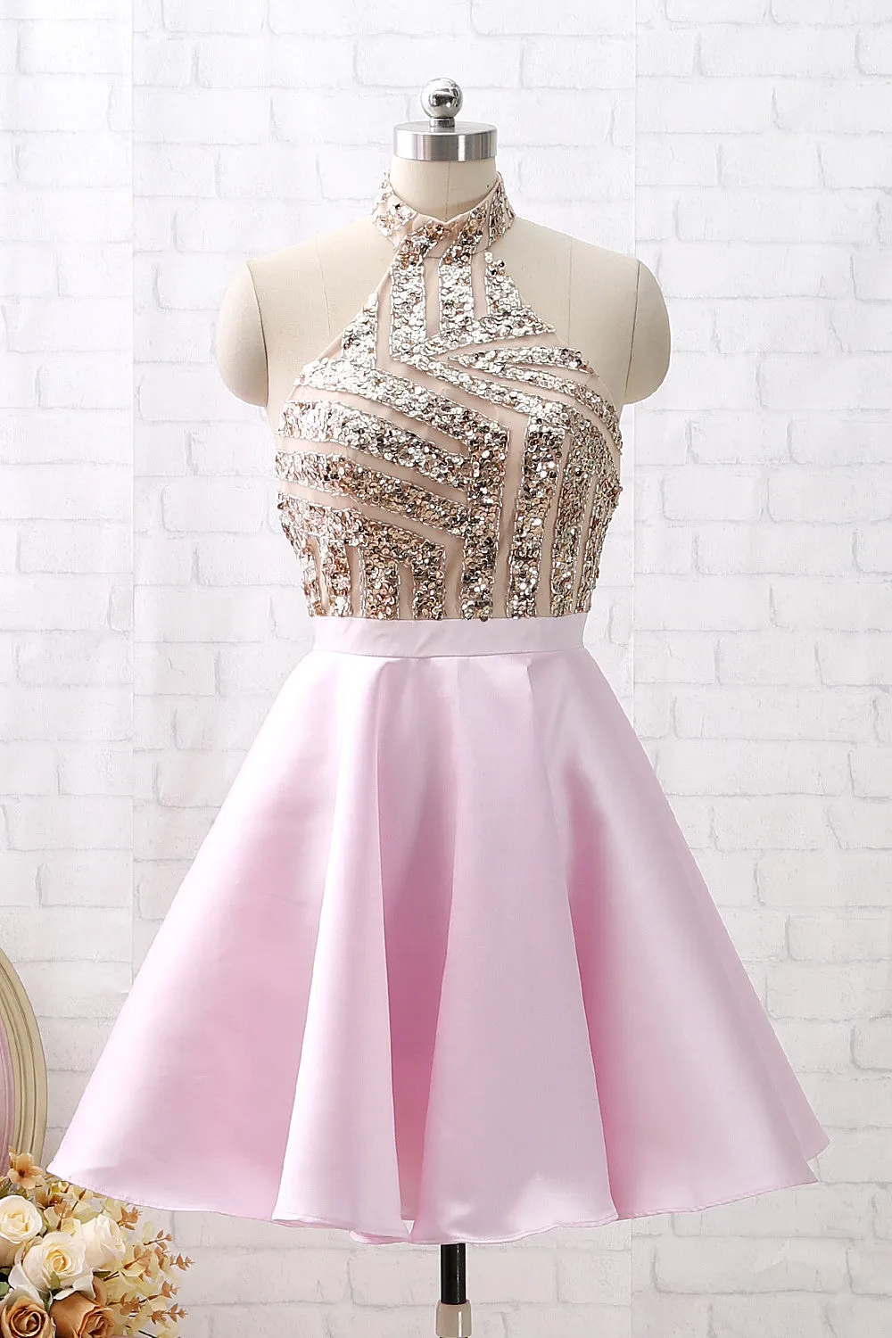 MACloth Halter Sequin Beaded Short Prom Homecoming Dress Pink Cocktail Party Dress