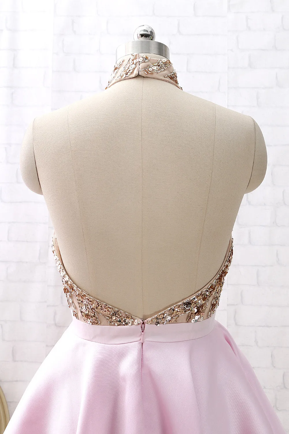 MACloth Halter Sequin Beaded Short Prom Homecoming Dress Pink Cocktail Party Dress