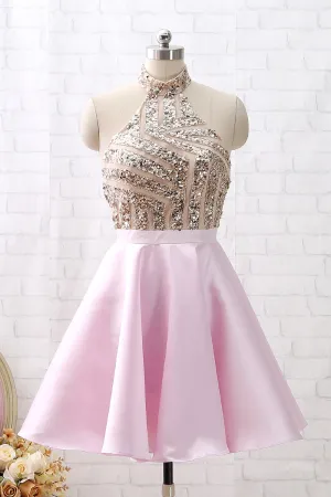 MACloth Halter Sequin Beaded Short Prom Homecoming Dress Pink Cocktail Party Dress