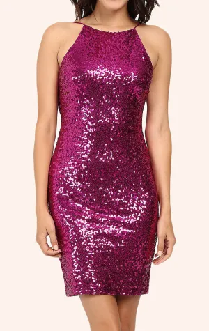 MACloth Spaghetti Straps Sequin Cocktail Dress Fuchsia Formal Gown