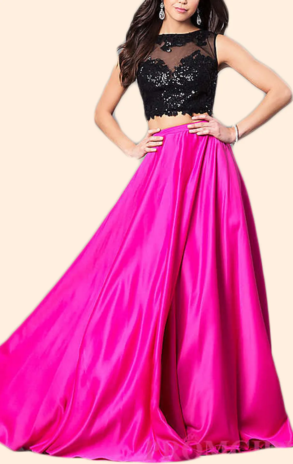 MACloth Two Piece Sequin Fuchsia Long Prom Dress 2018 Formal Evening Gown