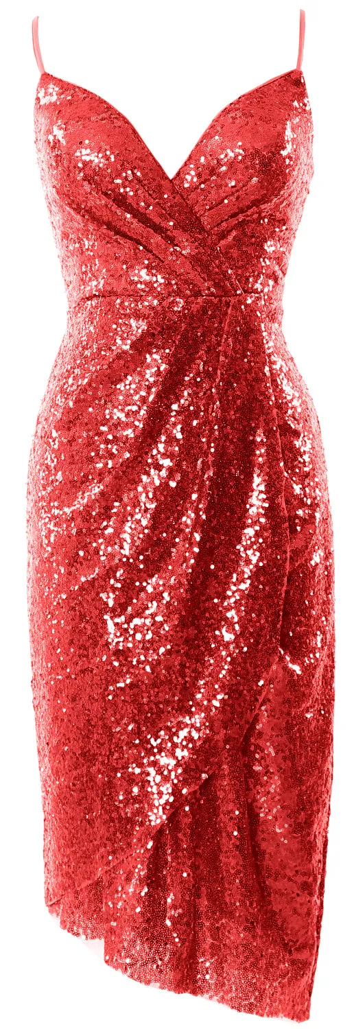 MACloth Women Midi Bridesmaid Dresses Sequin V Neck Wedding Party Formal Gown